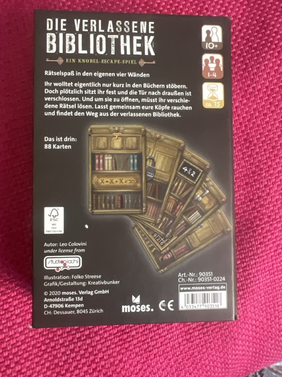 Giochi: Die Verlassene Bibliothek Ein Knobel-Escape-Spiel – Nuovo e nell'imballaggio originale da Frenkendorf venduto da jorge0000 1