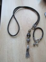 KETTE/ARMBAND SET LEDER, 925 SILBER, RAUCHQUARZ