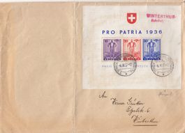 1937 Pro Patria W8 Block aus Brief nach Winterthur Automobil
