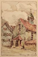 BREMGARTEN, SANKT KLARAKAPELLE, KLEINE SEPIA ZEICHNUNG.
