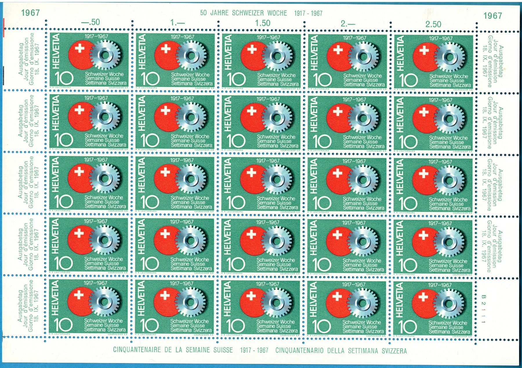 Tutti i francobolli: 1967  Bogen  Schweizer Woche   postfrisch  Bogen  No. C 2 – Nuovo (secondo la descrizione) da Mellingen venduto da Ginger