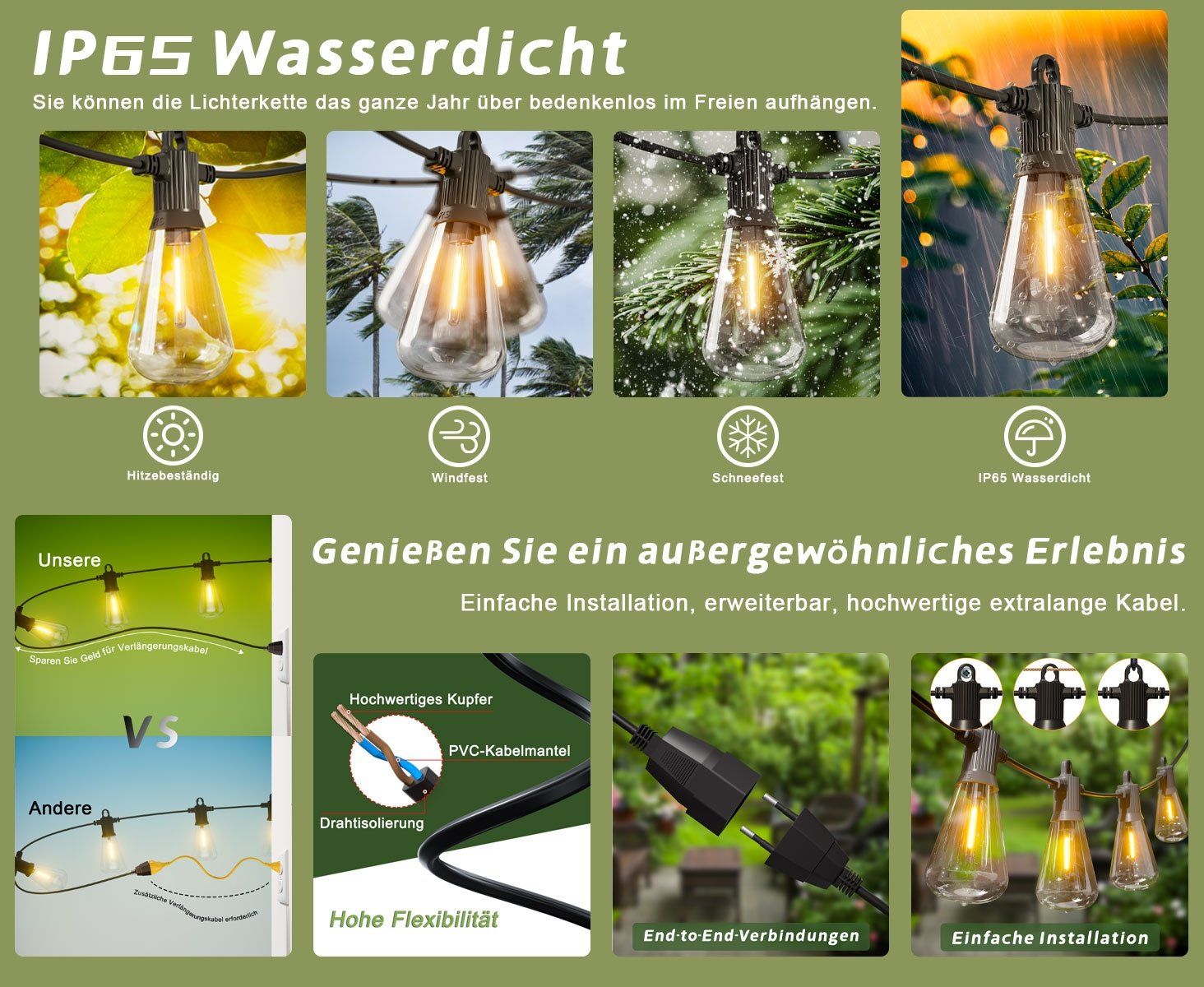 Lichterketten & Leisten: GLÜHBIRNEN LED LICHTERKETTE AUSSEN - 15 METER - 25+2 BIRNEN – Neu und originalverpackt aus Kriens von swissgadget 7