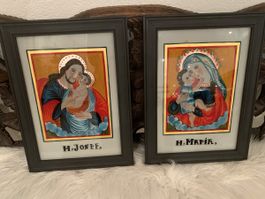 Paar alte sakrale Bilder Hinterglasmalerei Maria und Josef