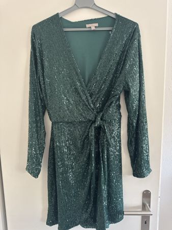 Kleid mit Pailletten dunkelgrün Wickeloptik neuwertig
