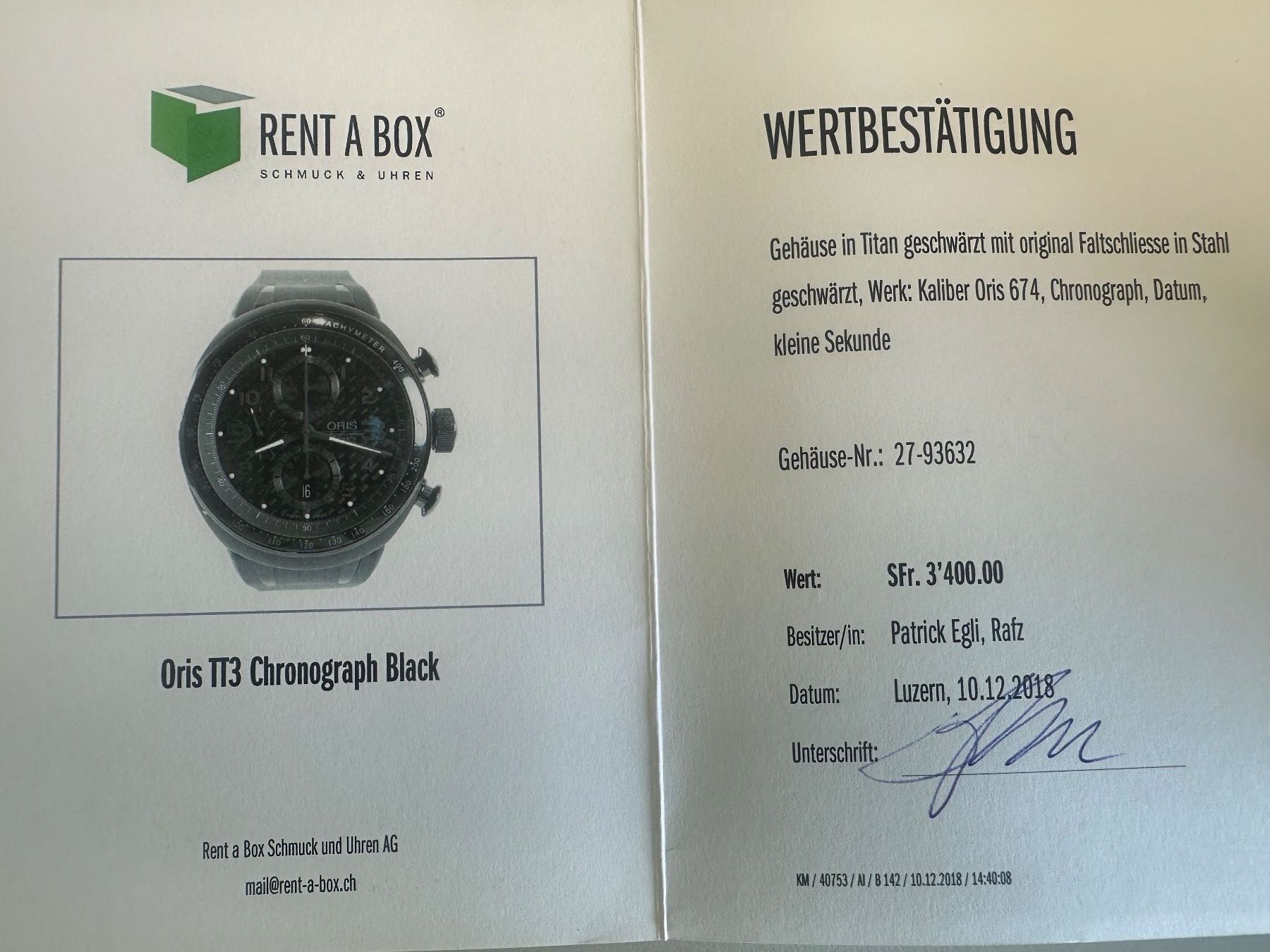 Oris Orologi: ORIS TT3 Chronograph Black Titan – Usato da Pfeffingen venduto da cateringcompany 1