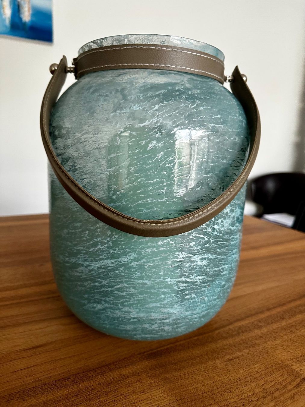 Tutte le decorazioni: Windlicht aus türkisem Glas mit Haltegriff – Usato da Chur venduto da Avero