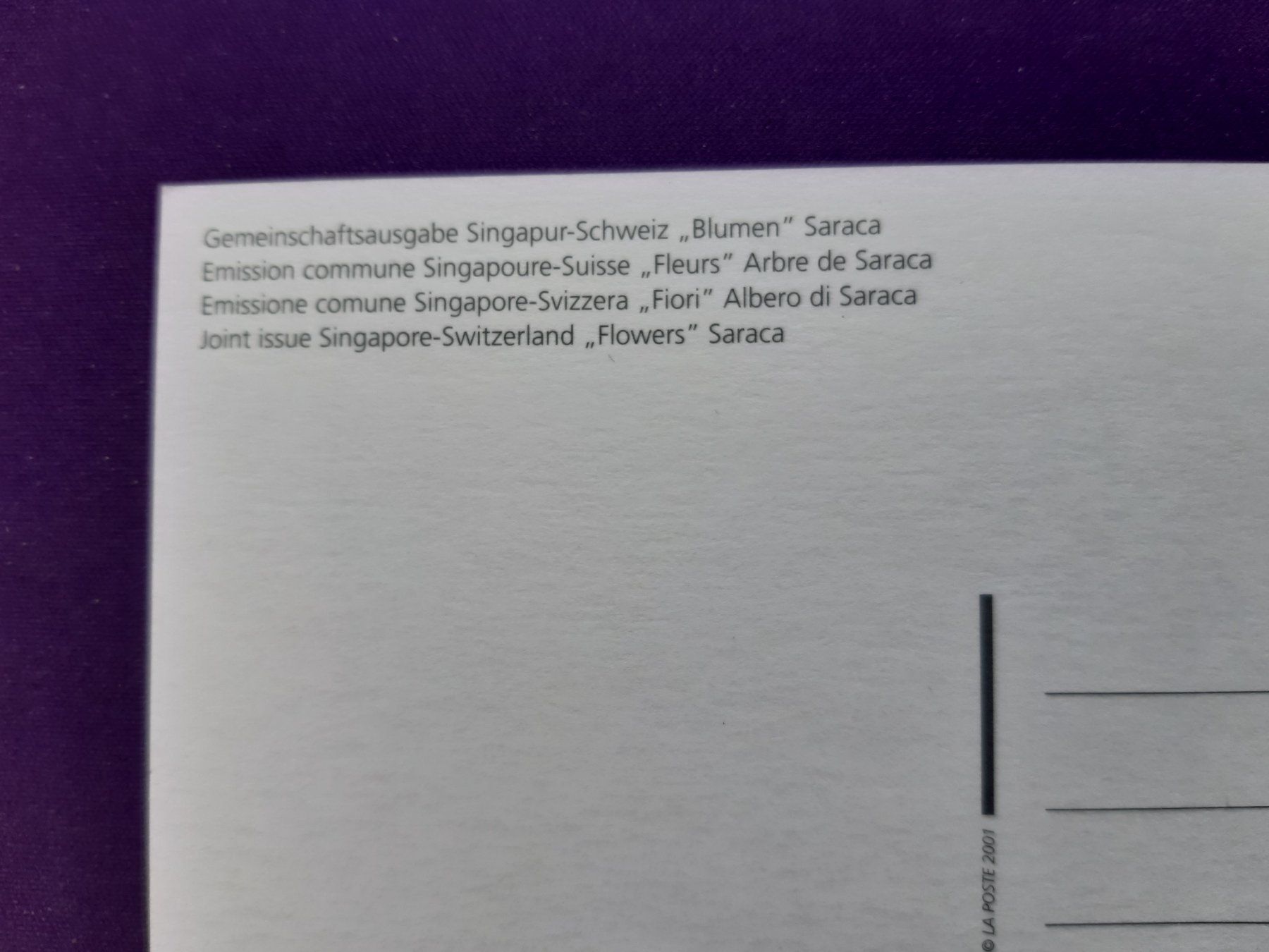 Tutti i francobolli: 4 Maximumkarten, aus Sonderblock Singapur/CH, 20.9.2001 – Nuovo (secondo la descrizione) da Wangs venduto da weisstannen01 4