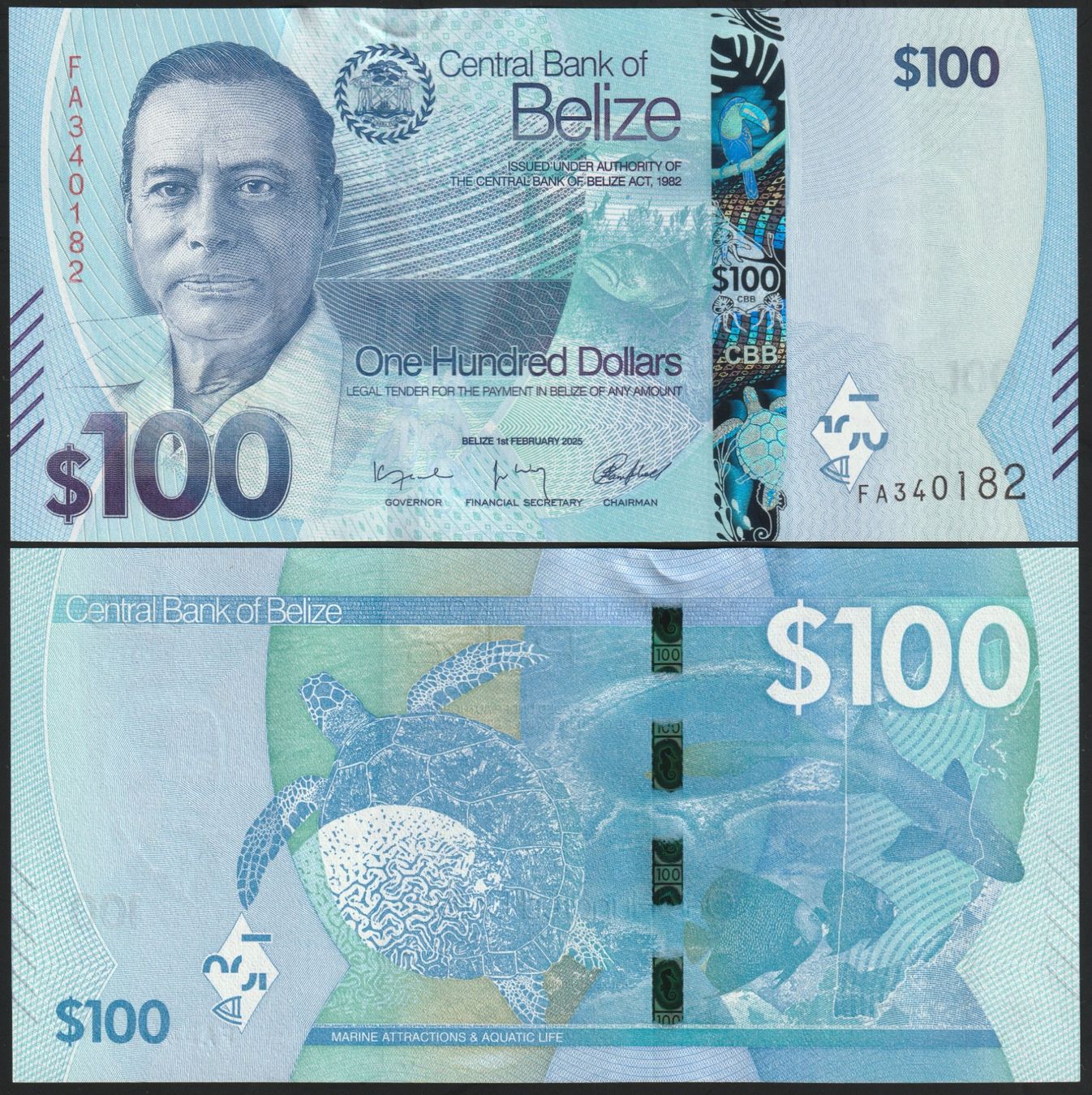 Banconote: Belize 100 Dollars UNC 2025 – Nuovo e nell'imballaggio originale da Naters venduto da Radman
