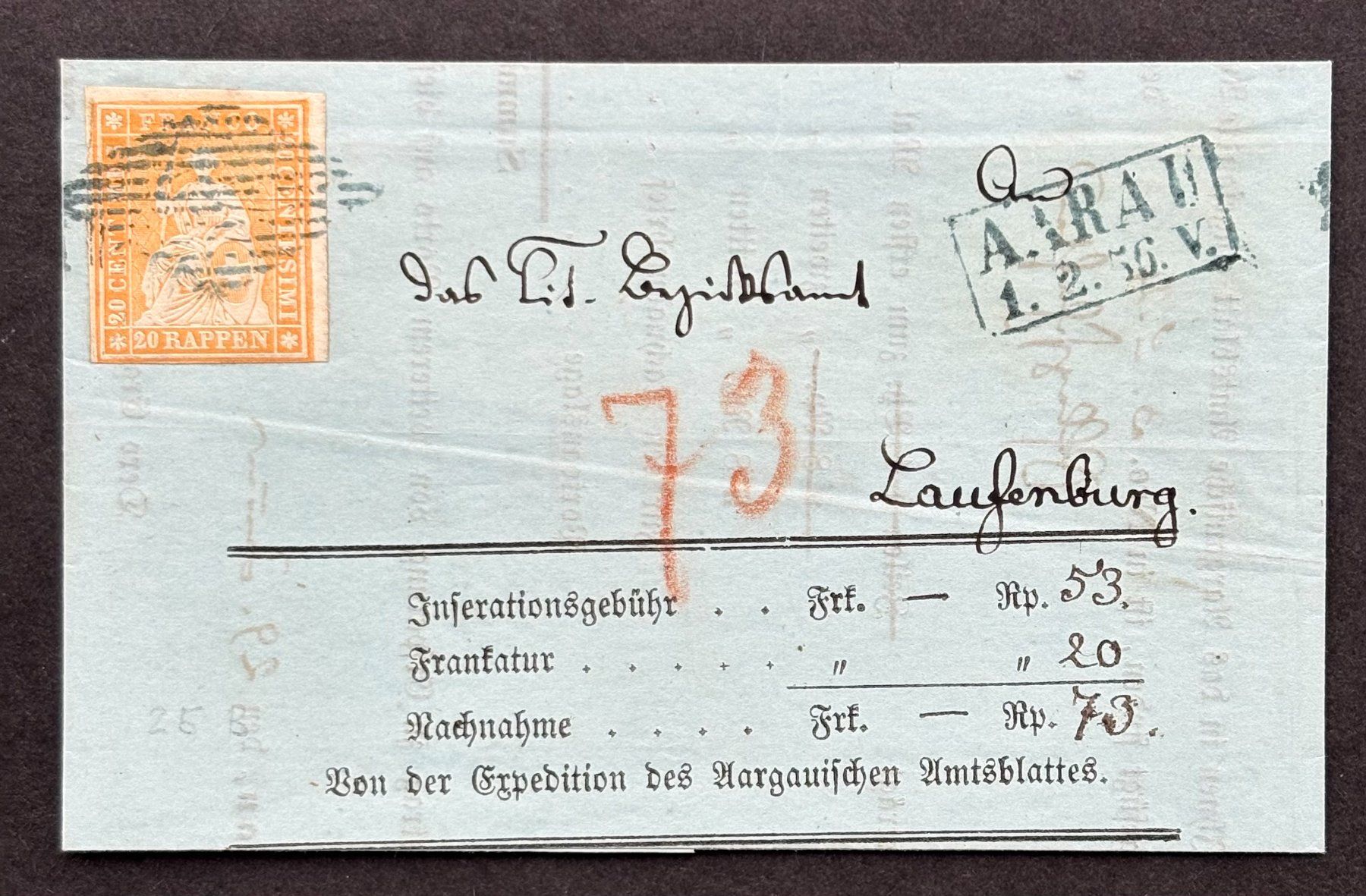 Tutti i francobolli: FALTBRIEF STRUBEL 25B AARAU 1856 – Usato da Ostermundigen venduto da Heavenmaus75