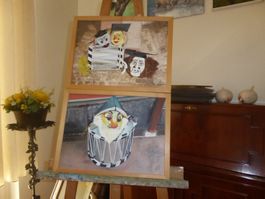 2 x Oel auf Leinwand Fasnachtsfiguren mit Trommel in Pause