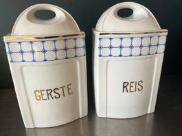 2 antike Art Deco Vorratsdosen Gerste & Reis Goldrand Set