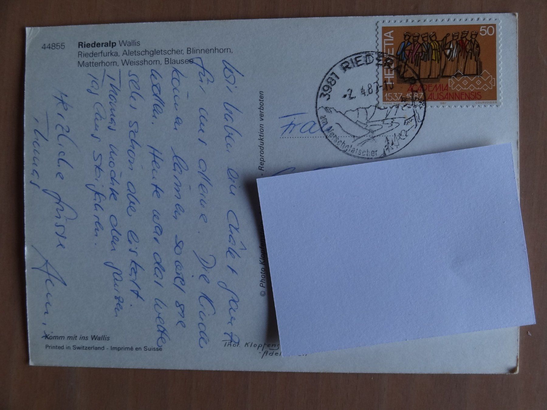 Cartoline postali: Riederalp - Wallis - 1987 – Usato da St Léonard venduto da Riglin 1