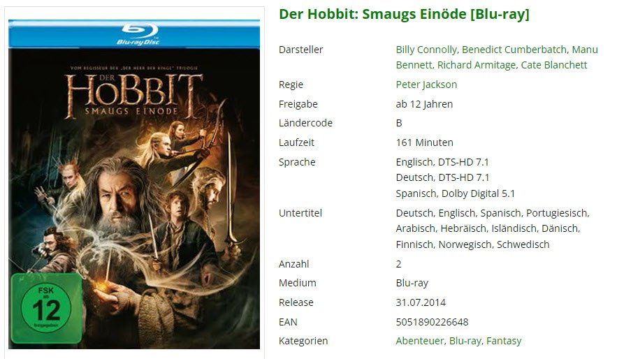 Tutti i DVDs: Der Hobbit: Smaugs Einöde (Bluray) – Usato da Buchrain venduto da Sssschaller