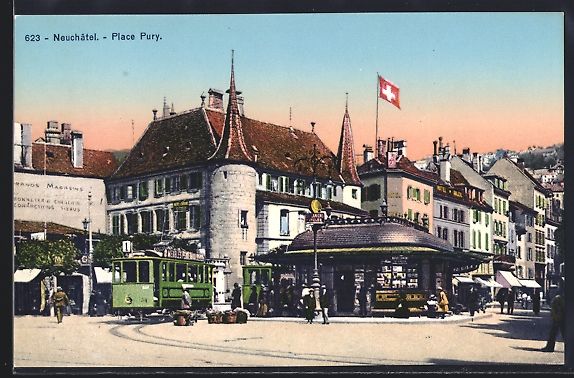 Cartoline postali: AK Neuchatel, Place Pury, Strassenbahn – Usato da Berlin venduto da bartko-reher