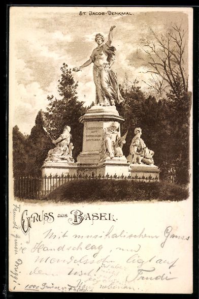 Ansichtskarten: Lithographie Basel, St. Jacobs-Denkmal – Gebraucht aus Berlin von bartko-reher