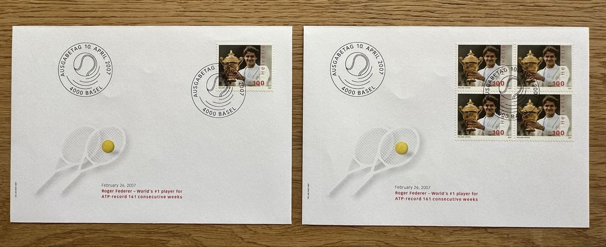 Tutti i francobolli: Schweiz - 2007 FDC Roger Federer 4er Block und Einzelmarke – Usato da Schmitten / FR venduto da Samsara169