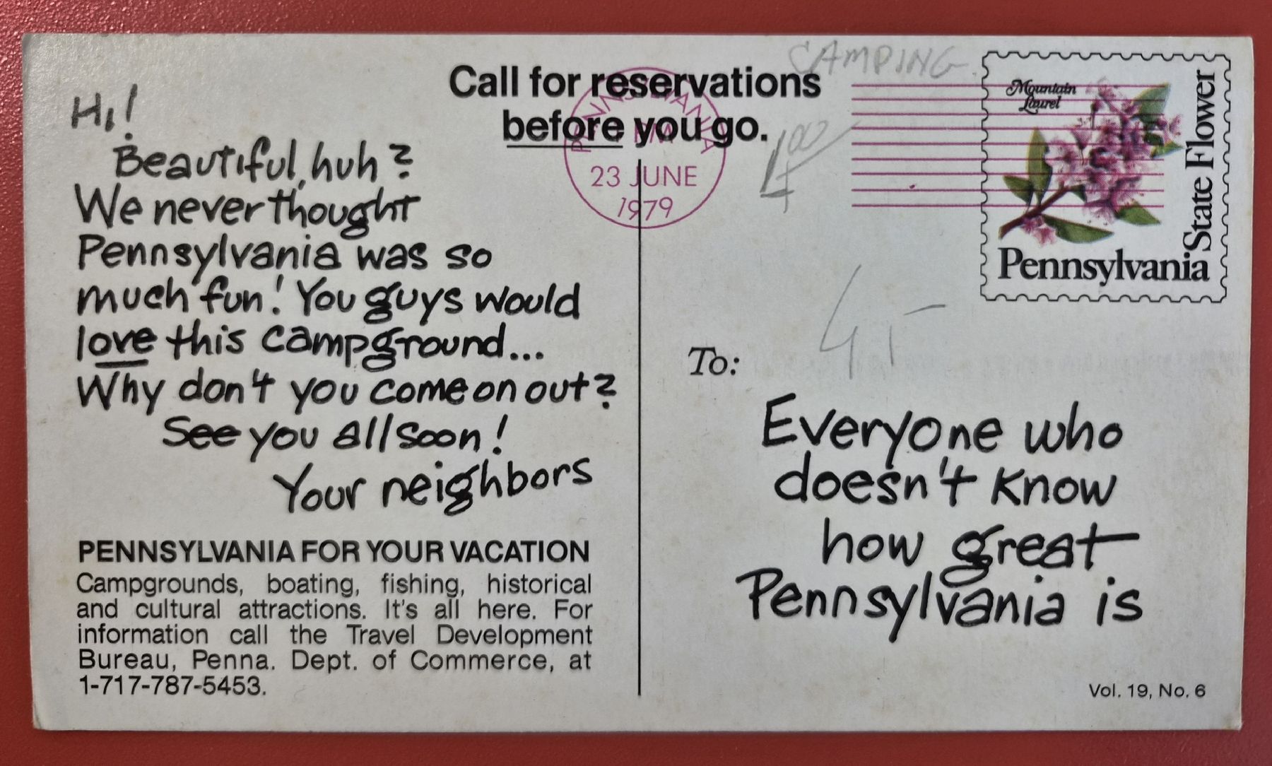 Ansichtskarten: Camping Pennsylvania 1979 – Gebraucht aus Melchnau von Arthurius 1