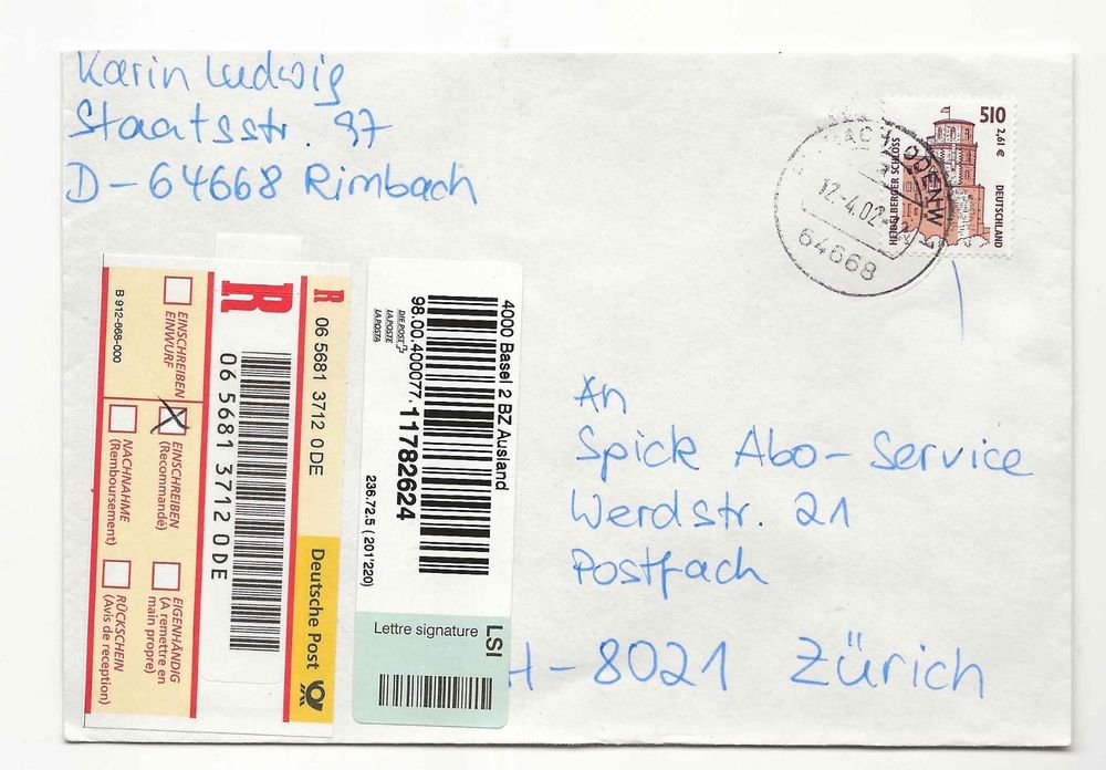 R-Brief Deutschland - Zürich über Basel 2002 np (Gebraucht) in Aarau ...