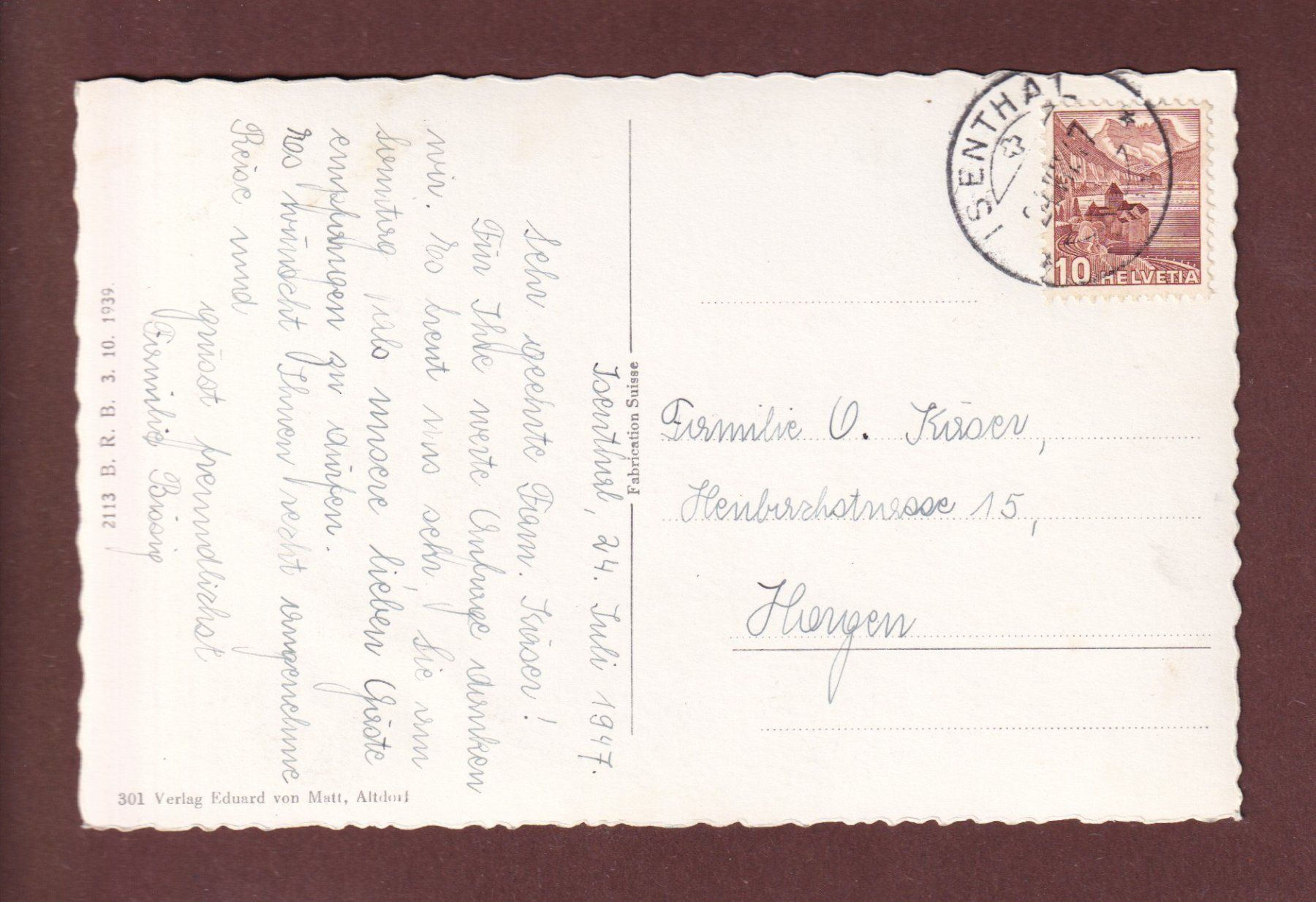 Cartoline postali: Bergstrasse nach ISENTHAL - 1947 – Usato da Pully venduto da nicecards-shop 1
