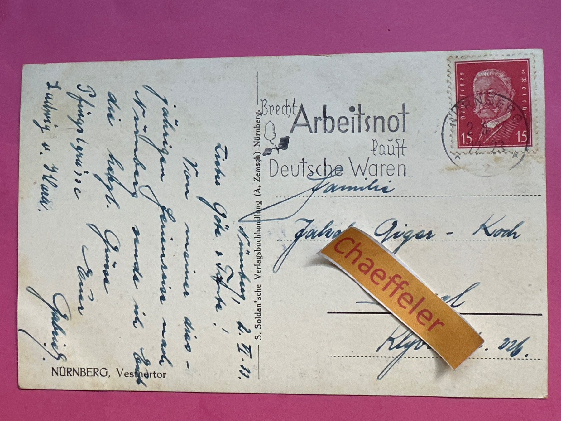 Ansichtskarten: 1933 Nürnberg, Vestnertor – Gebraucht aus Zürich von Chaeffeler 1