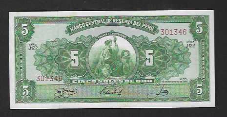 Banconote: Peru  5  Soles  1966  Bankfrisch – Nuovo (secondo la descrizione) da Gordola venduto da coinsandnotes
