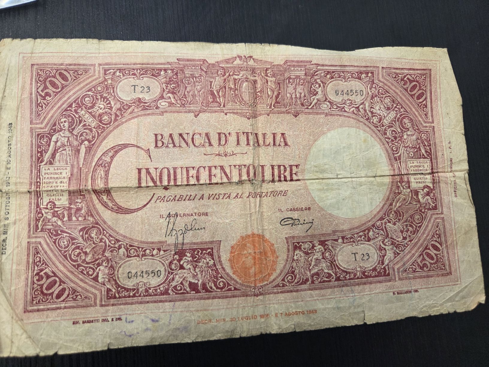 Banconote: 500 Lire Banknote Italien 1943  – Usato da Dietikon venduto da Allegra34 2