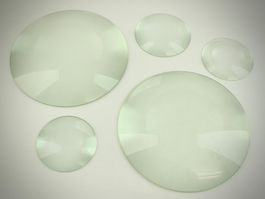 GLASLINSEN, ZWEI GROSSE (23CM) UND DREI KLEINE (9-11,3CM).