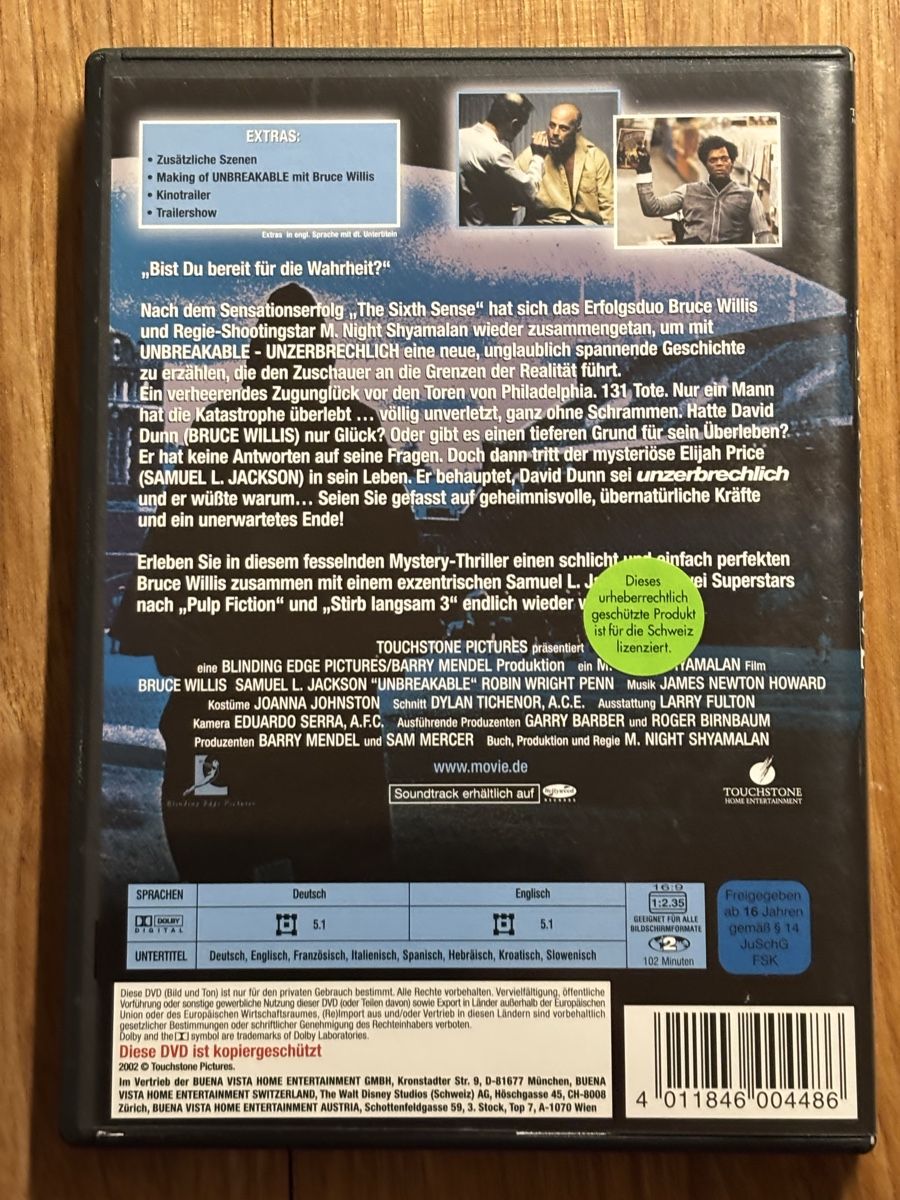 Tutti i DVDs: DVD Unbreakable - unzerbrechlich – Usato da Belp venduto da brb66 1