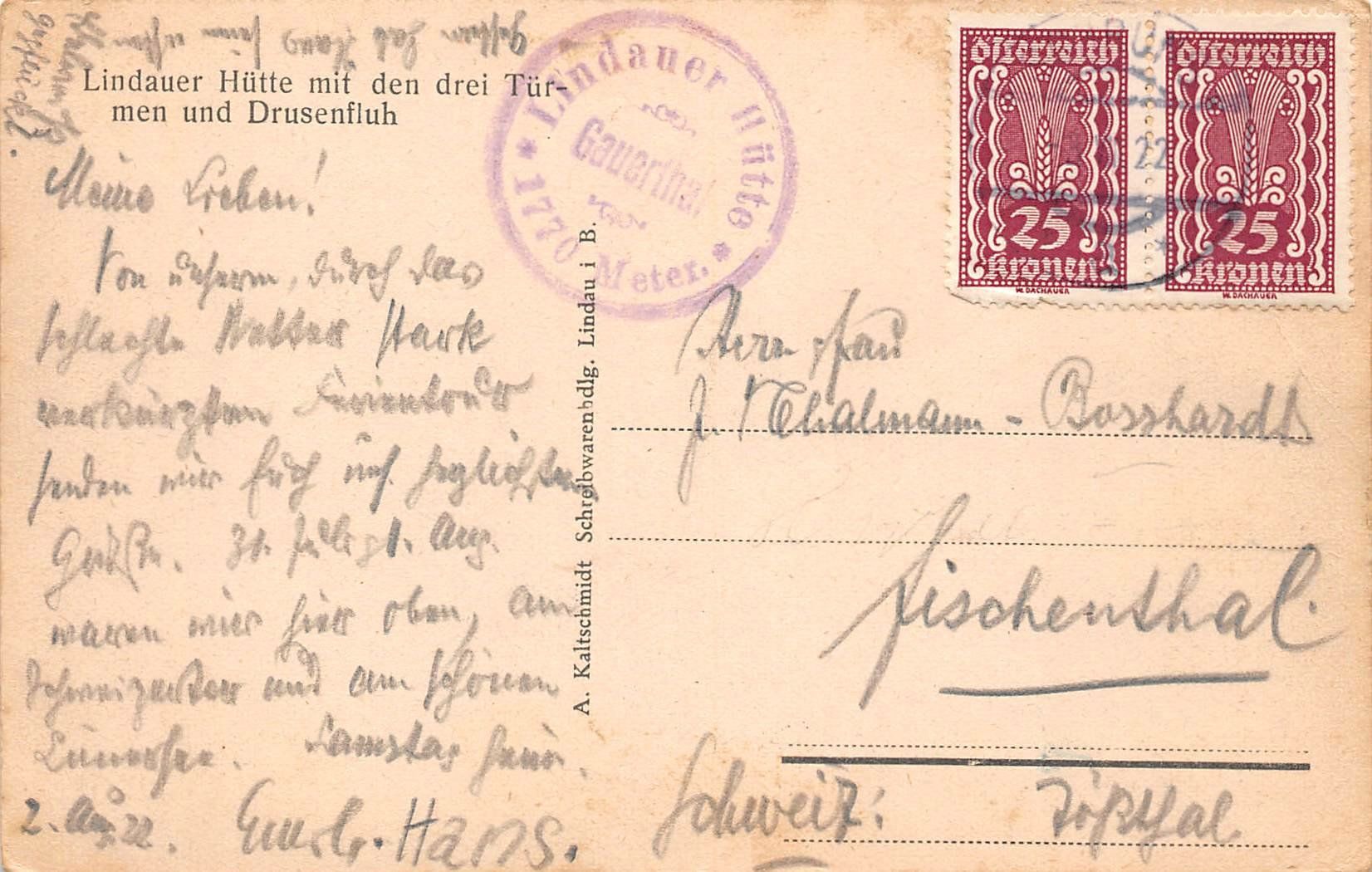 Cartoline postali: Lindauer Hütte, Gauertal – Usato da Ottikon b.Kemptth. venduto da Neptun1974 1