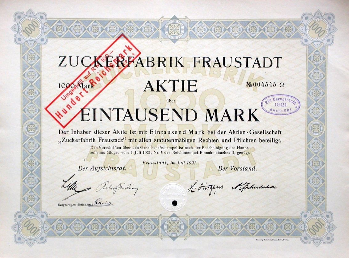 Documenti: Zuckerfabrik Fraustadt - 1921 – Usato da Solothurn venduto da Sgasche