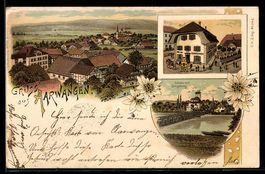 Lithographie Aarwangen, Totalansicht mit Post und Schloss