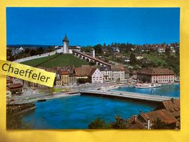 1986 Schaffhausen am Rhein mit Munot und Rheinbrücke