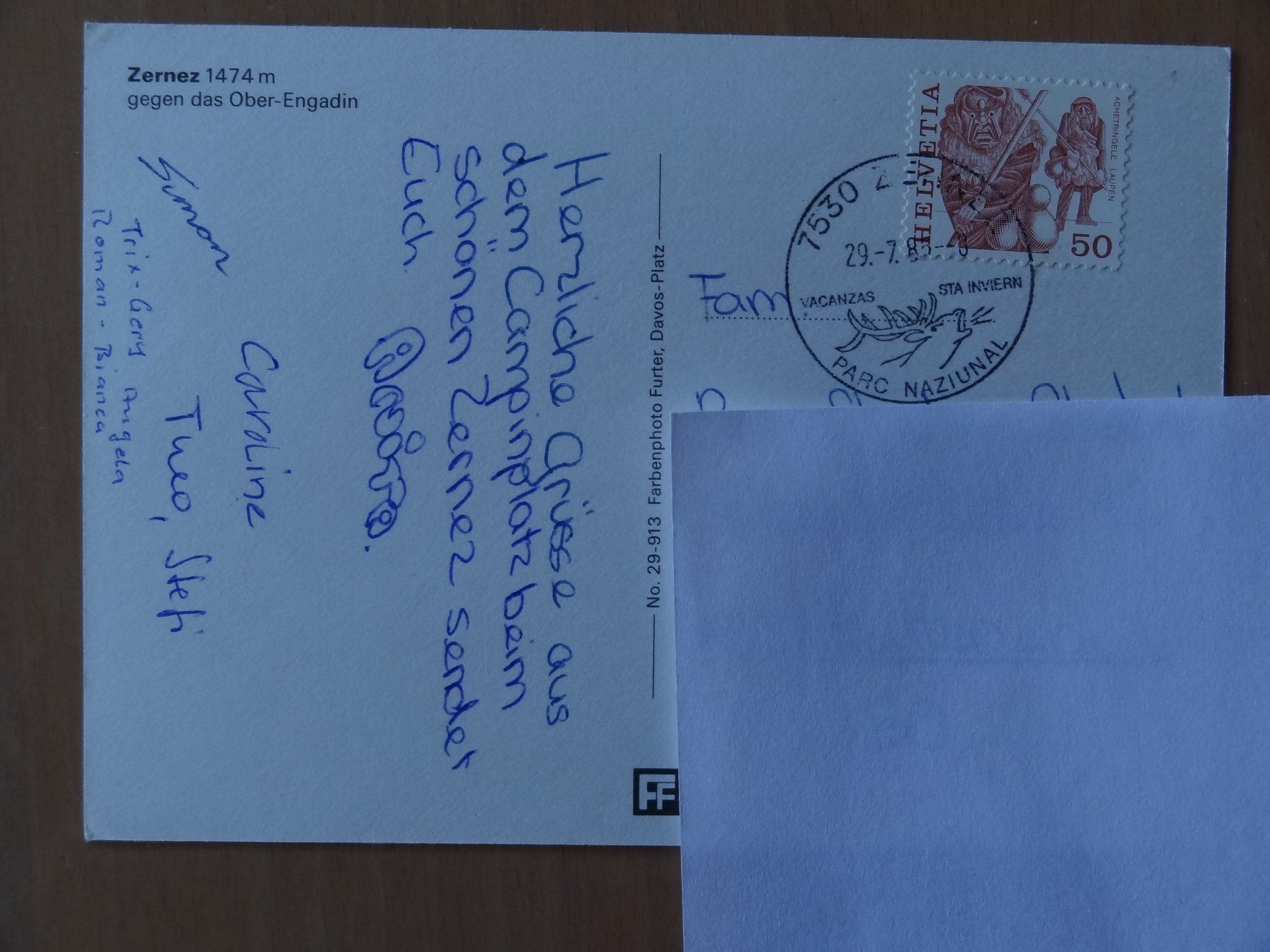 Ansichtskarten: Zernez - Engadine - 1985 – Gebraucht aus St Léonard von Riglin 1