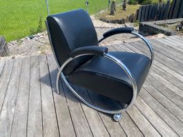 Schwarzer Leder Sessel im Art-Déco Stil Chrom Saxhorn CLC