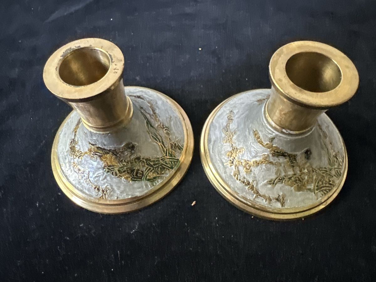 Portacandele: 2er Set Vintage Kerzenständer, Messing/Emaille, Deko Herbst – Usato da Zürich venduto da Chaeffeler