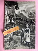 Alphütte mit Trachten-Mädchen und Jungen mit Ziege. Jungfrau
