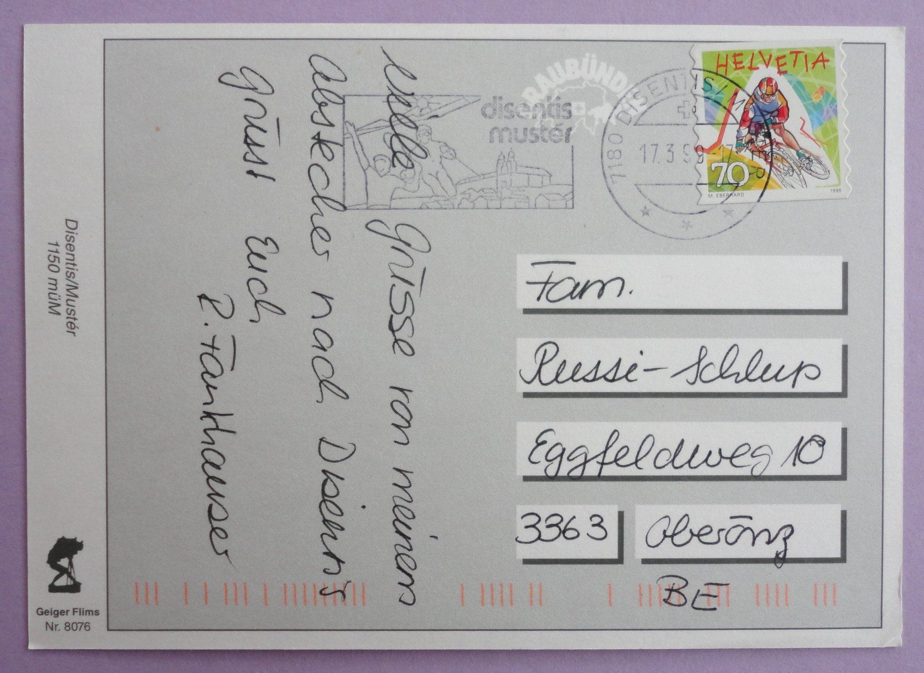 Cartoline postali: Disentis/Mustér 1150 m ü.M. – Usato da Fétigny venduto da Billy2miny 1