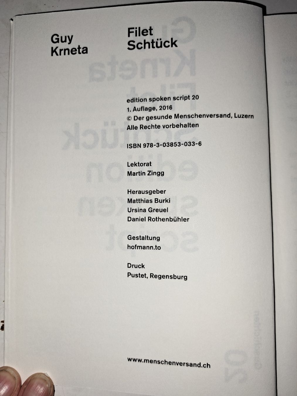 Bücher: Guy Krneta: Filet Schtück. edition spoken script, 2016 – Gebraucht aus Zürich von chusel 3