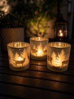 Teelichthalter Glas Rentier Wald Motiv 3er Set neu