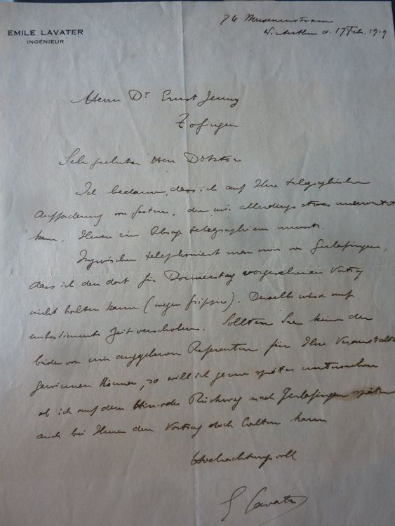 BRIEF EMILE LANDOLT, INGENIEUR AN DR. ERNST JENNY ZOFINGEN Comprare