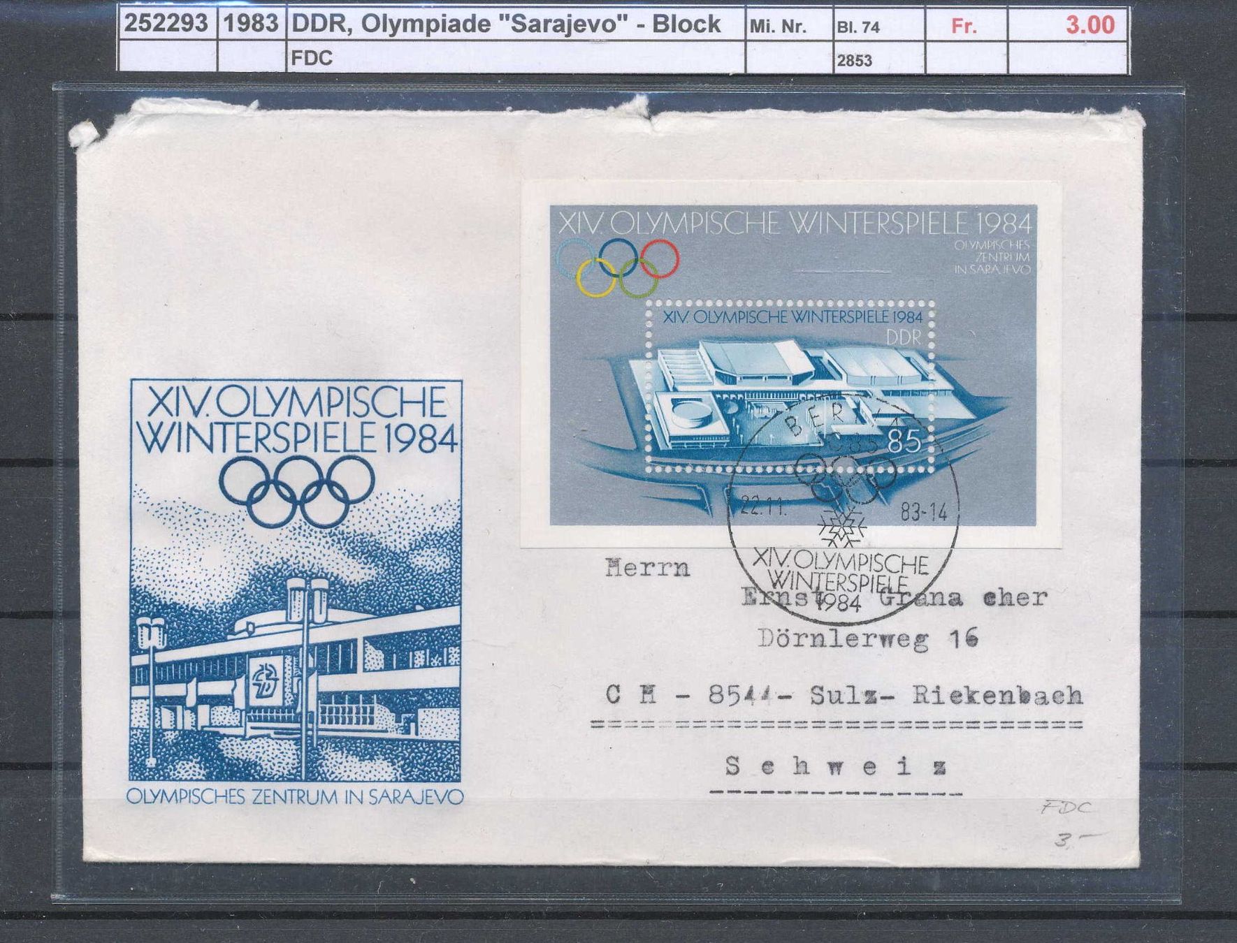 Alle Briefmarken: 1983 DDR, "Olympiade Sarajevo - Block", FDC – Gebraucht aus Winterthur von Zupogeru