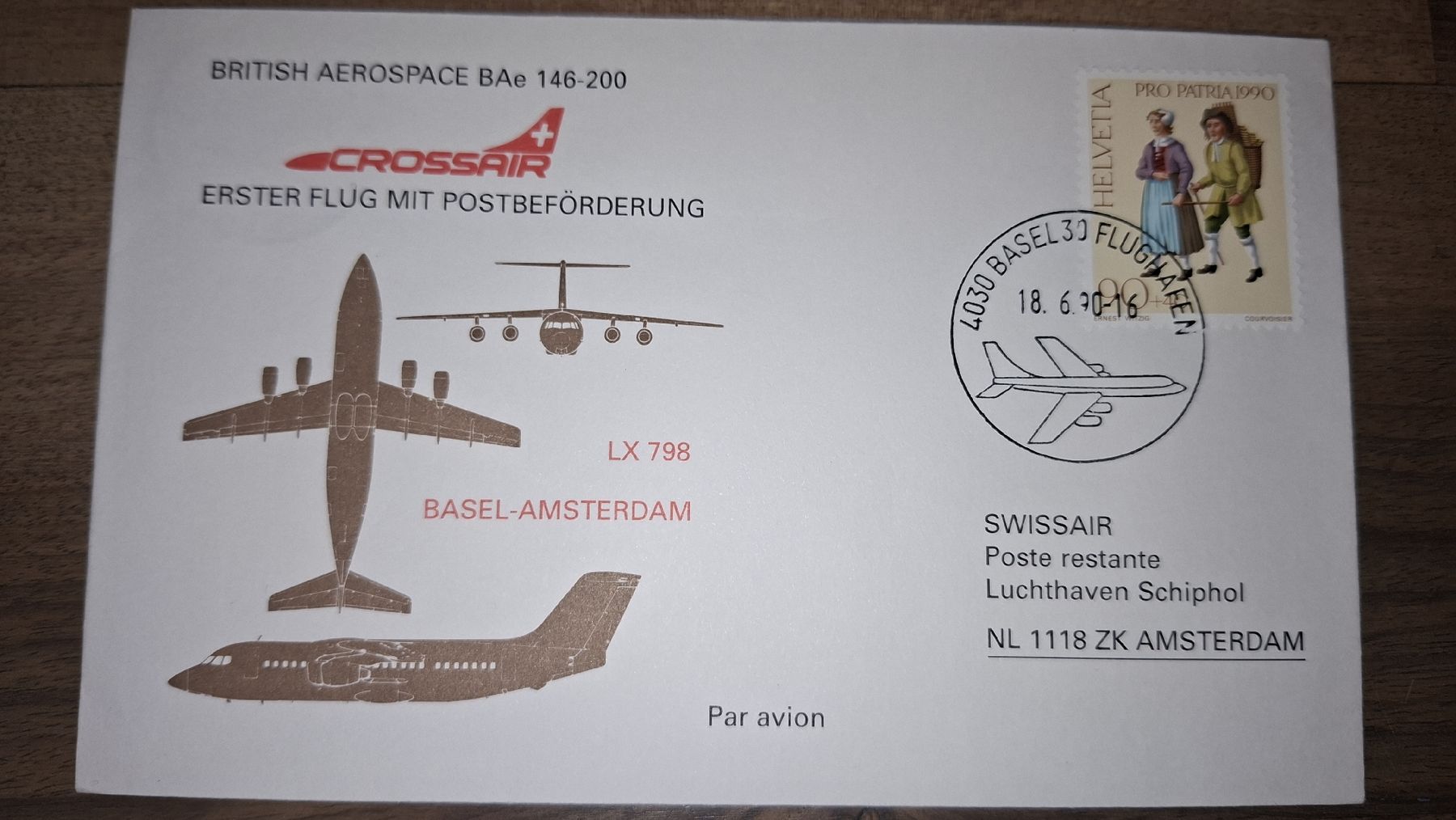 Tutti i francobolli: Swissair Basel - Amsterdam 18.06.1990 – Usato da Balgach venduto da SIMEON27