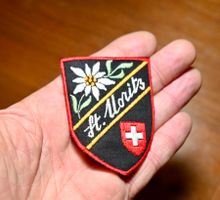 VINTAGE Badge ST. MORITZ  ST. GALLER STICKEREI alpenrose