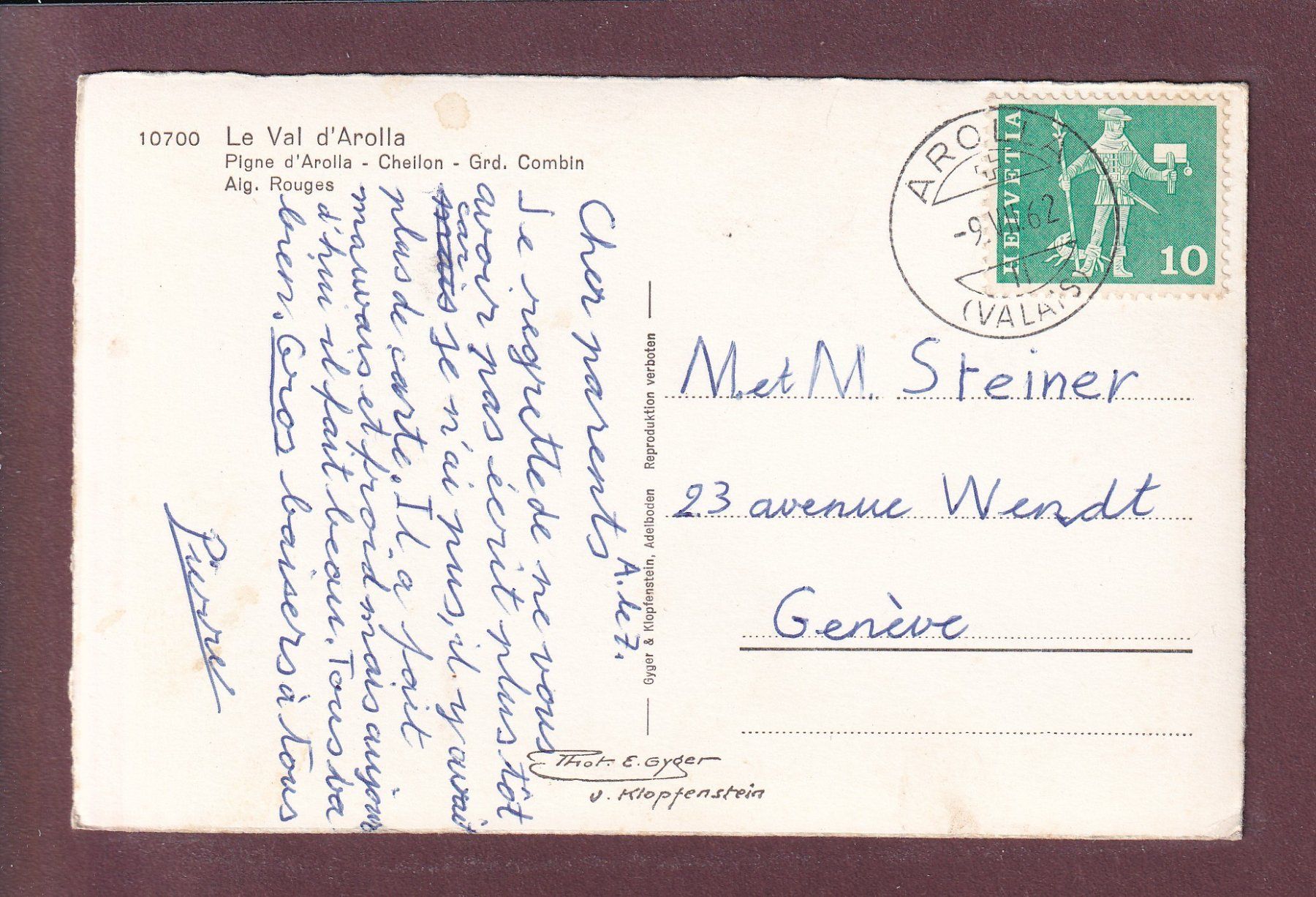 Ansichtskarten: VAL D'AROLLA - 1962 – Gebraucht aus Pully von nicecards 1