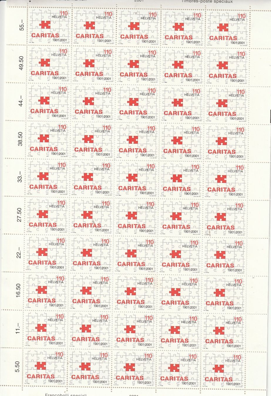 Alle Briefmarken: CH Frankaturware  Briefmarkenbogen mit 50 Marken a Fr.1.10 – Gebraucht aus Rupperswil von Ema10