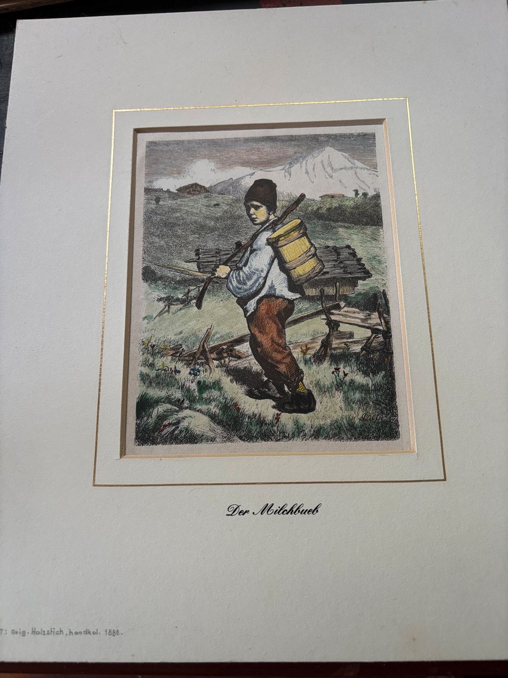 Incisioni: Original Holzschtich "Der Milchbub", handkoloriert 1880 – Usato da Uitikon Waldegg venduto da Mrost