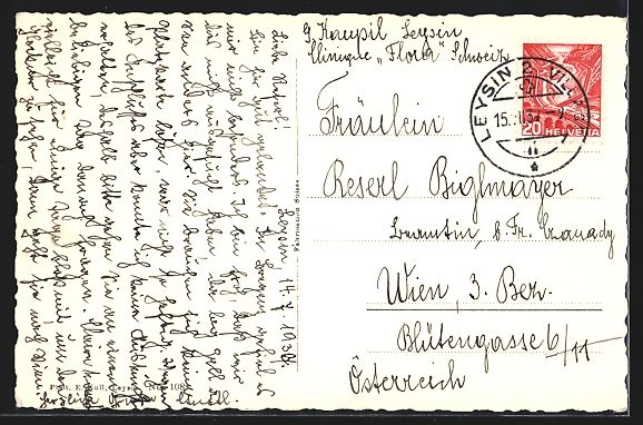 Cartoline postali: AK Leysin, Ortspartie vor einem Berghang – Usato da Berlin venduto da bartko-reher 1