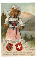 Bärenkarte - Gruss aus Bern - Trachtenfrau  Präge-Litho 1904