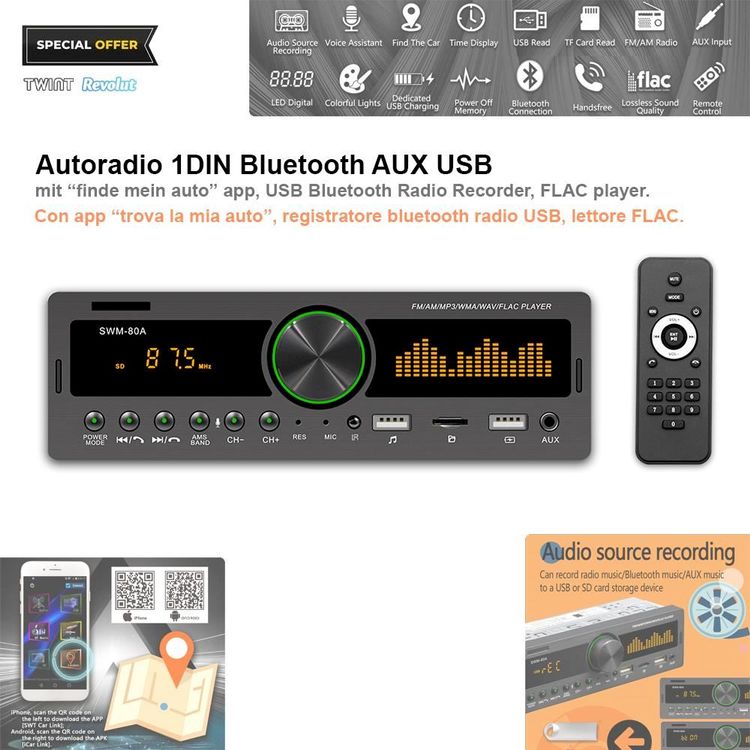 1 DIN Autoradio Bluetooth USB AUX Universal