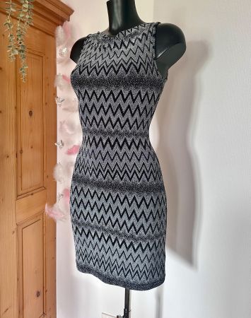 TOP☀️Gr XS/S 36 Stretch Glitzer Minikleid silber schwarz